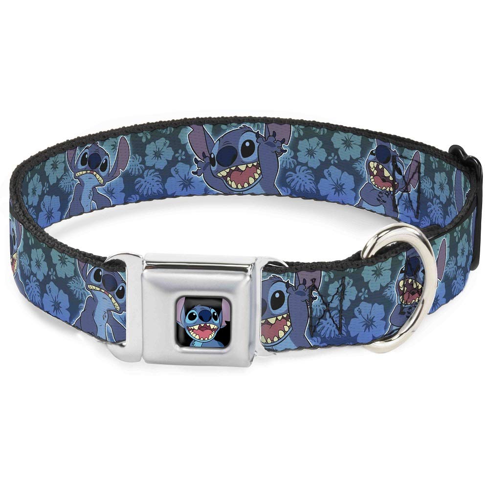 Dog Collar Seatbelt Buckle Stitch Expressions Hibiscus Collage Green Blue Fade 11 To 17 Inches 1.0 Inch Wide
