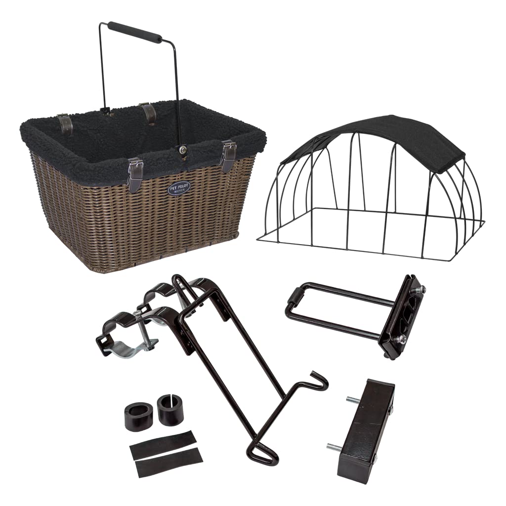 Travelin K9 Pet-Pilot Max Wicker Bike Basket For Dogs/Cats - Includes Wire Cage Top W/Sun Shade + Plush Removable Padded Liner