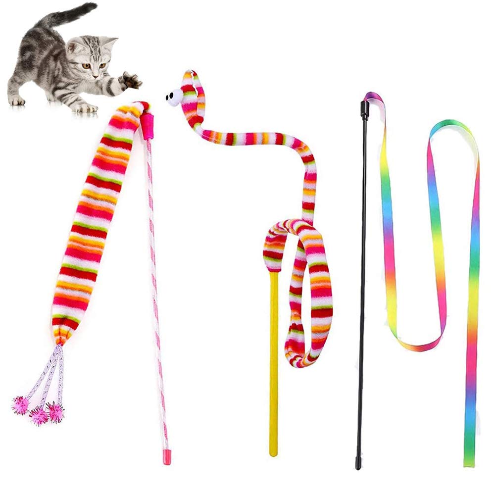Kabasi Cat Wand Rainbow Toy, 3 Styles Funny Interactive Cat Toys, Cuddly Stuffed Snake Cat Toy On Stick With Bell, Colorful Soun
