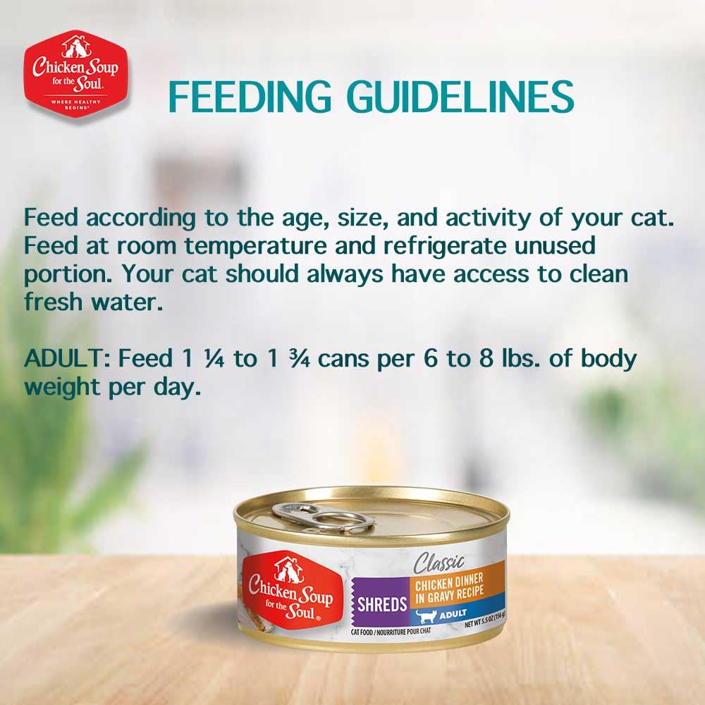 Chicken Soup for The Soul Classic Wet Adult Cat Food, Chicken Shreds Dinner, 5.5 Ounce Can (Pack of 24) | Soy Free, Corn Free, W