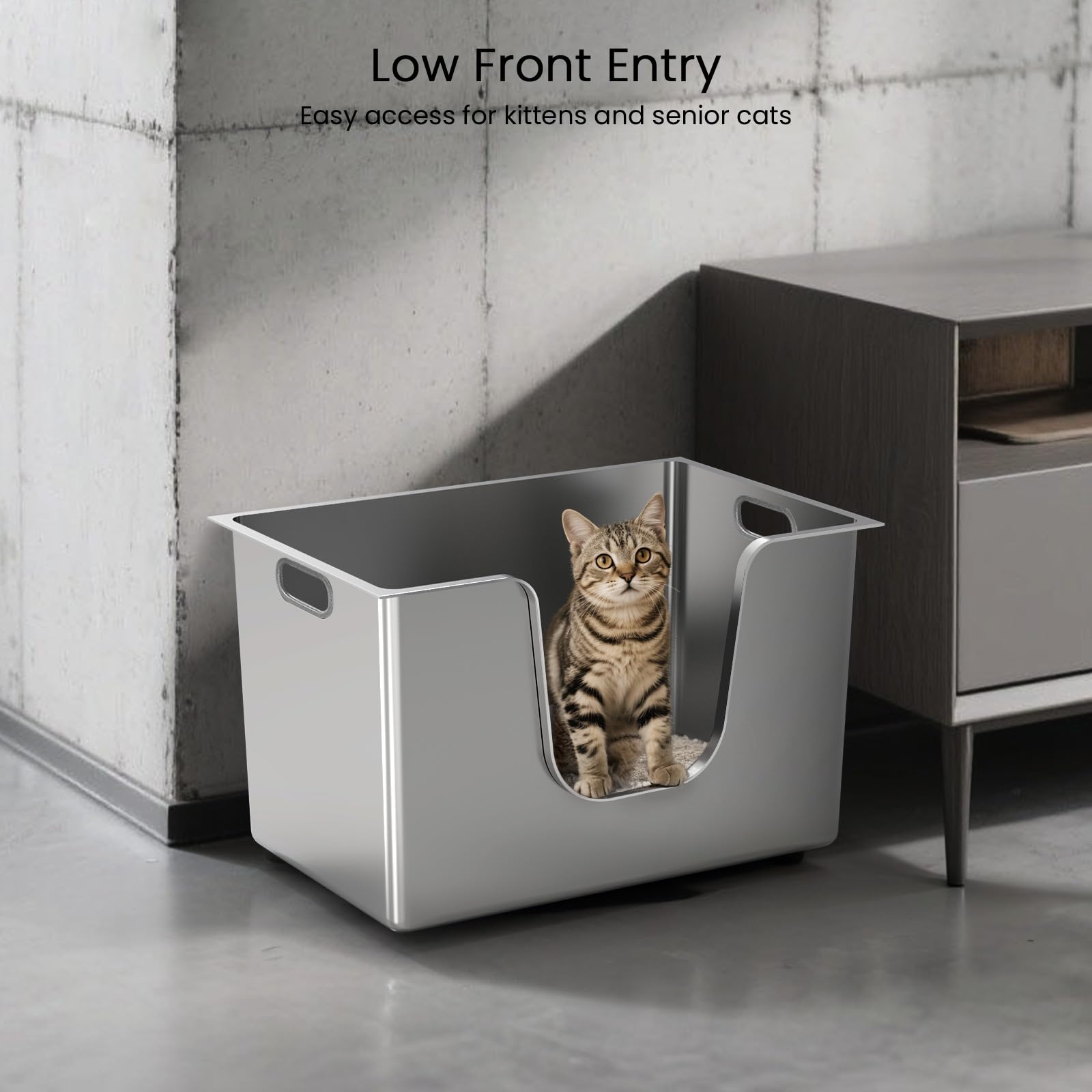 Ptlom Stainless Steel Extra Large Cat Litter Box 22.8"x14.9"x13.8", Silver, Anti-Leakage, Easy Clean, with Wheels for Mobility