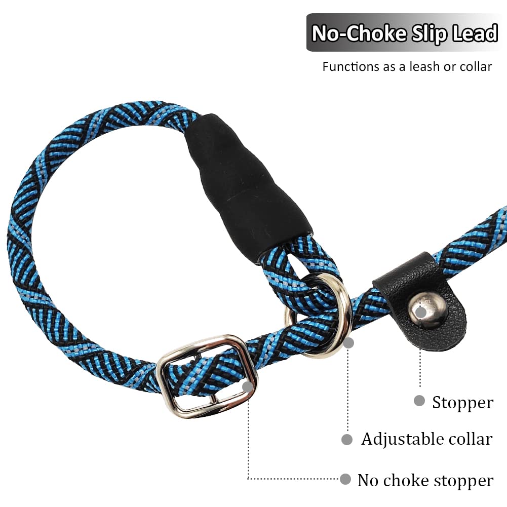 Sepxufore Reflective Long Dog Leash Slip Lead, No-Choking 12 Ft/20 Ft/30 Ft/50 Ft Rope Training Lead For Medium Dogs Small Puppy Pets Behavior Active Playing (12Ft, Blue)