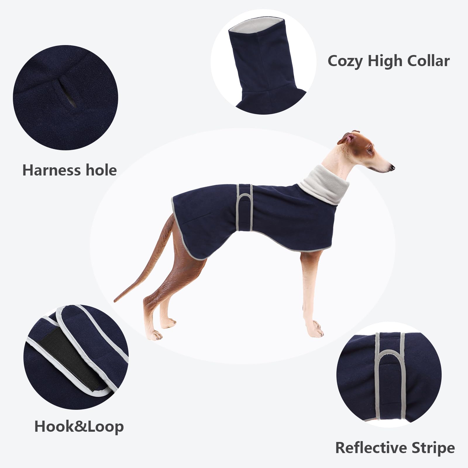 Dog Coats With Reflective Bar, Dog Winter Coat Soft Polyester Fleece, Adjustable Band - Dog Winter Jacket For Greyhounds, Lurchers And Whippets - Navy - Xl