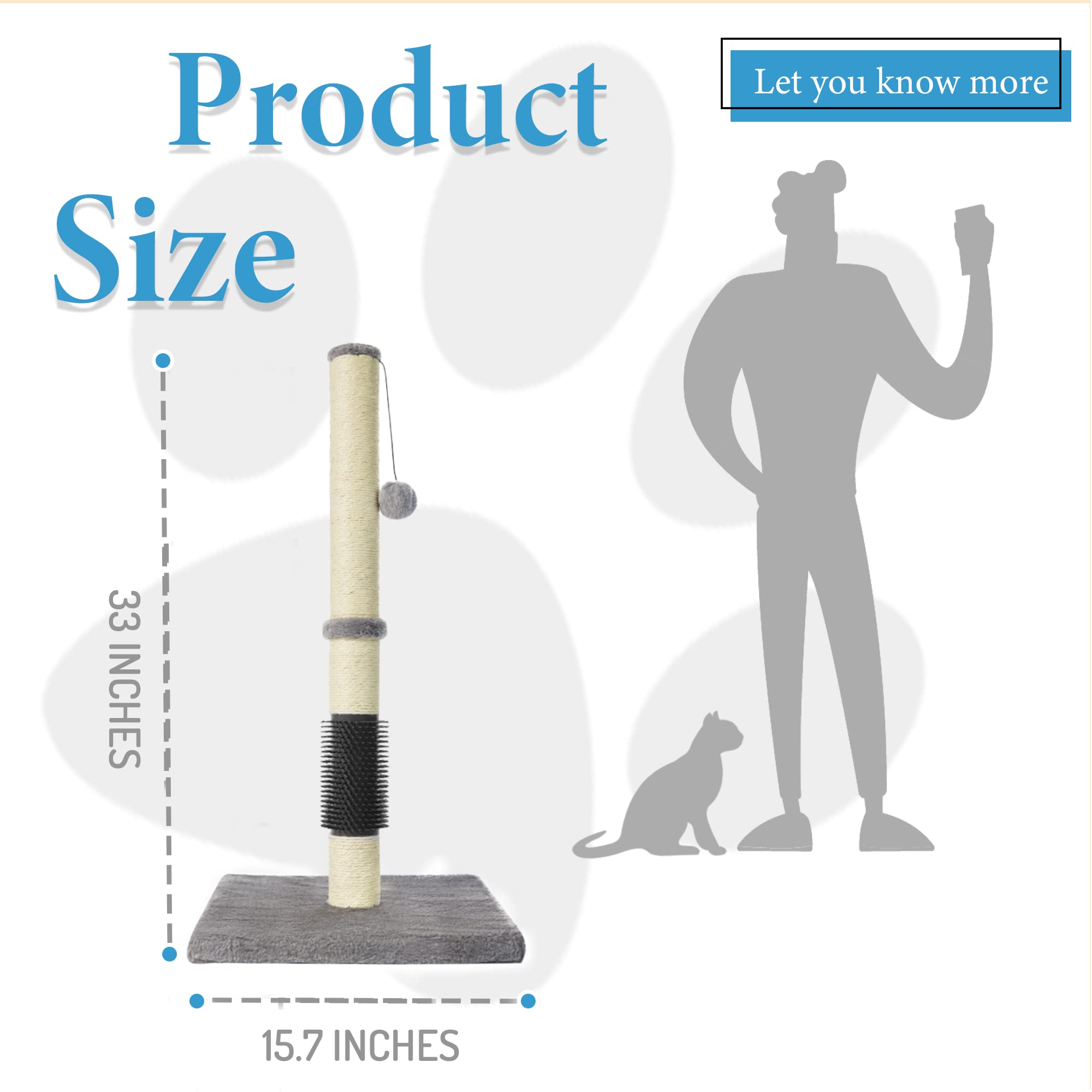 MeowHomm 32  Cat Scratching Post with Self Groomer Cat Brush, Sisal Rope Tall Cat Scratching Post with Soft Hanging Ball for Ind