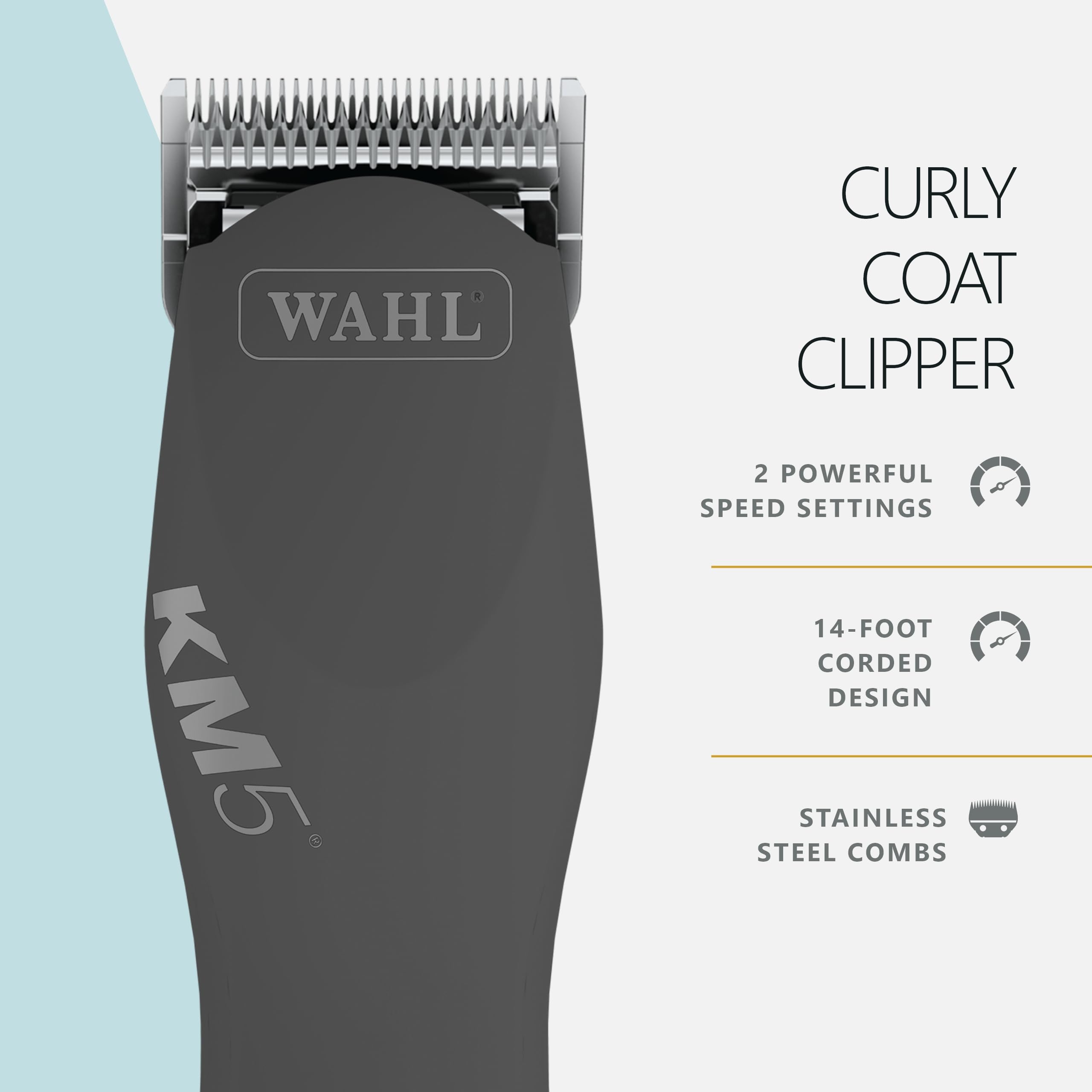 Wahl Pro Animal KM 2-Speed Dog & Cat Clipper - Curly Coat Grooming Tool - Includes 2 Stainless Steel Combs - Gunmetal Black