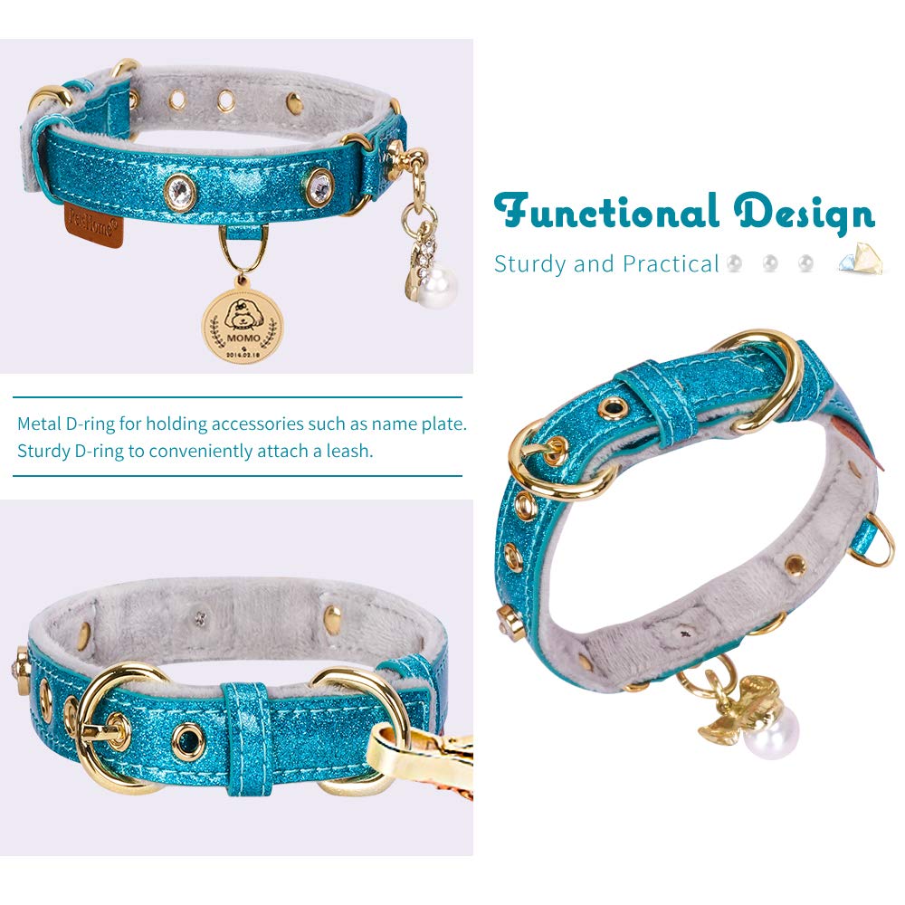 Petshome Cat Collar, Dog Collar, [Bling Rhinestones] Pu Leather Adjustable Pet Collar With Luxury Pendant For Big Cat And Small To Medium Dog Small Blue