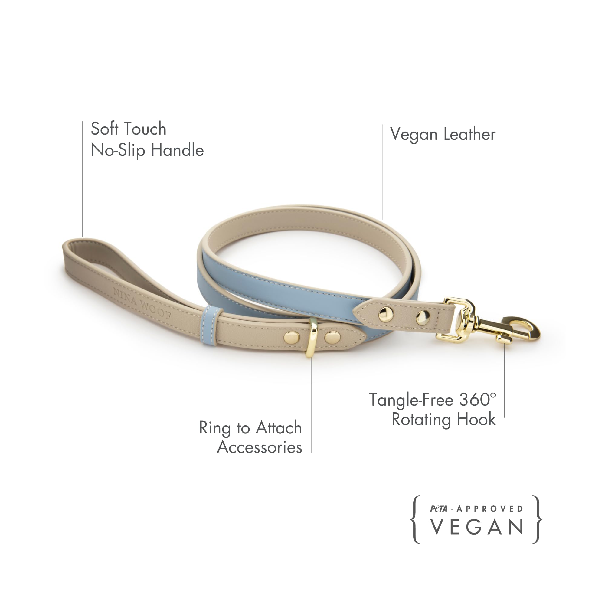 Nina Woof Leather Dog Leash - Slim Leash With Reinforced Hardware, European Design, Blue, 4Ft