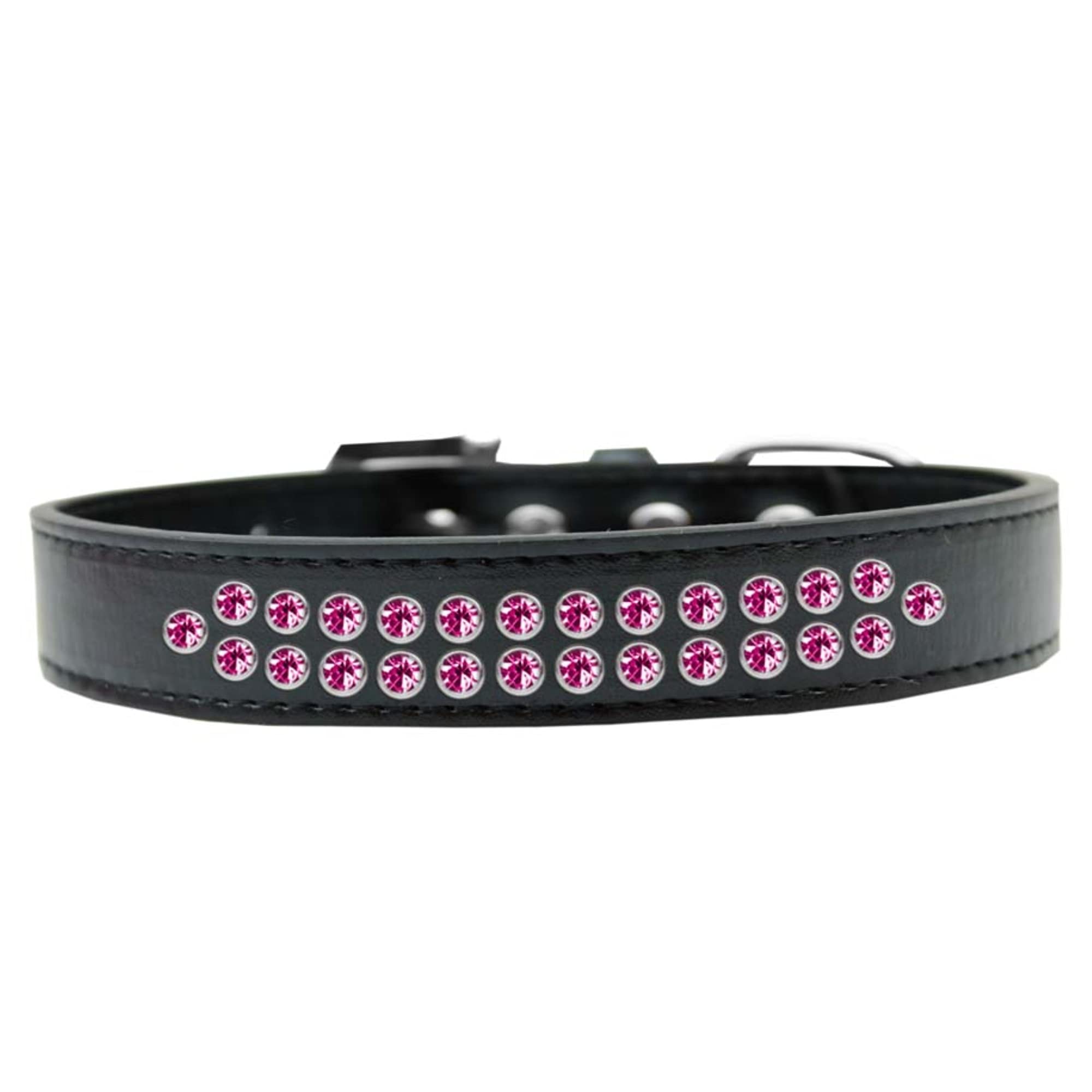 Mirage Pet Products Two Row Bright Pink Crystal Black Dog Collar, Size 20