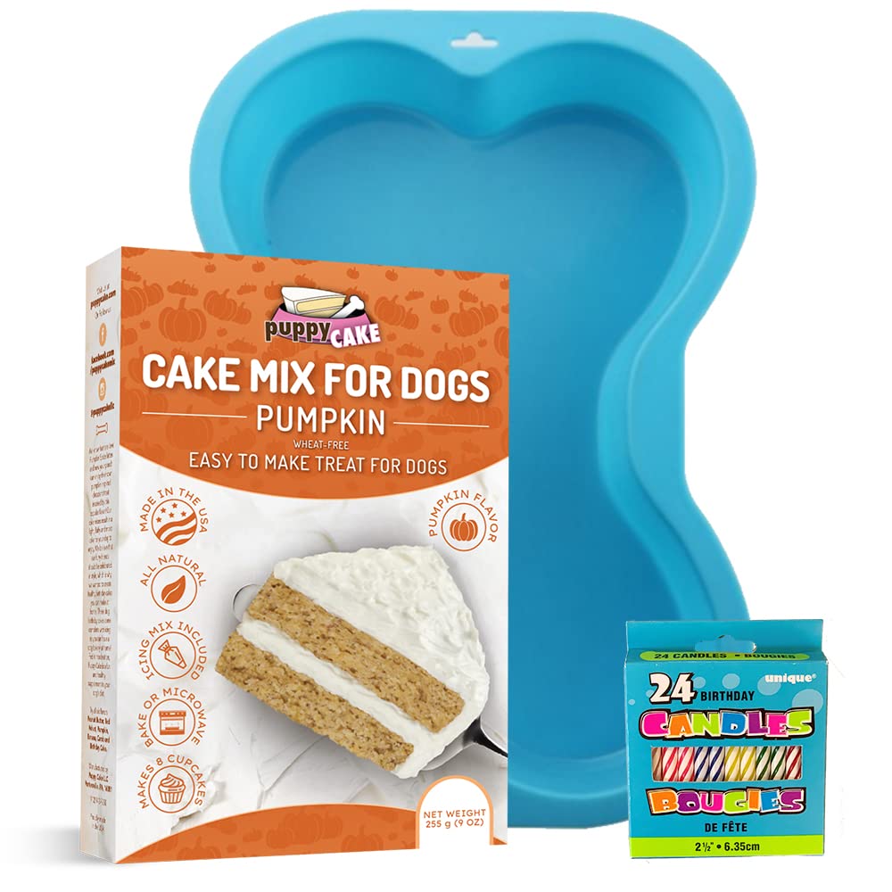 Puppy Cake Mix Dog Birthday Cake Kit, With Bone Silicone Pan And Candles (Pumpkin, Blue)