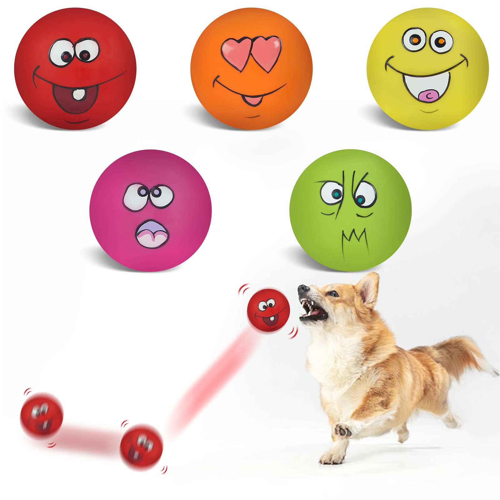 Coricorsu Squeaky Dog Toy Chewing Dog Toys Durable Teething Latex Rubber Soft Interactive Fetch Play Dog Balls with Funny Face f