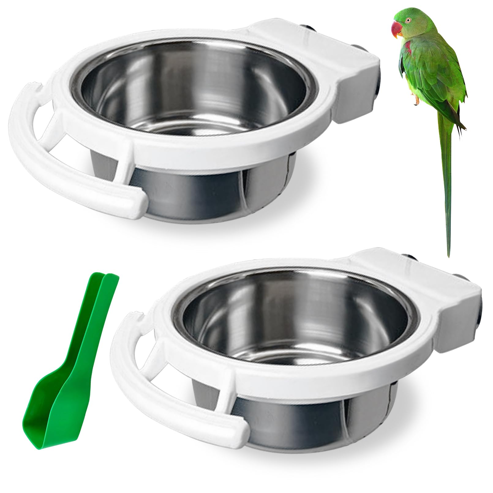 BNOSDM 2 PCS Bird Feeding Dish Cups Perch Stand Hanging Stainless Steel Bird Bowls Food Container Food and Water Bowls with Spoo