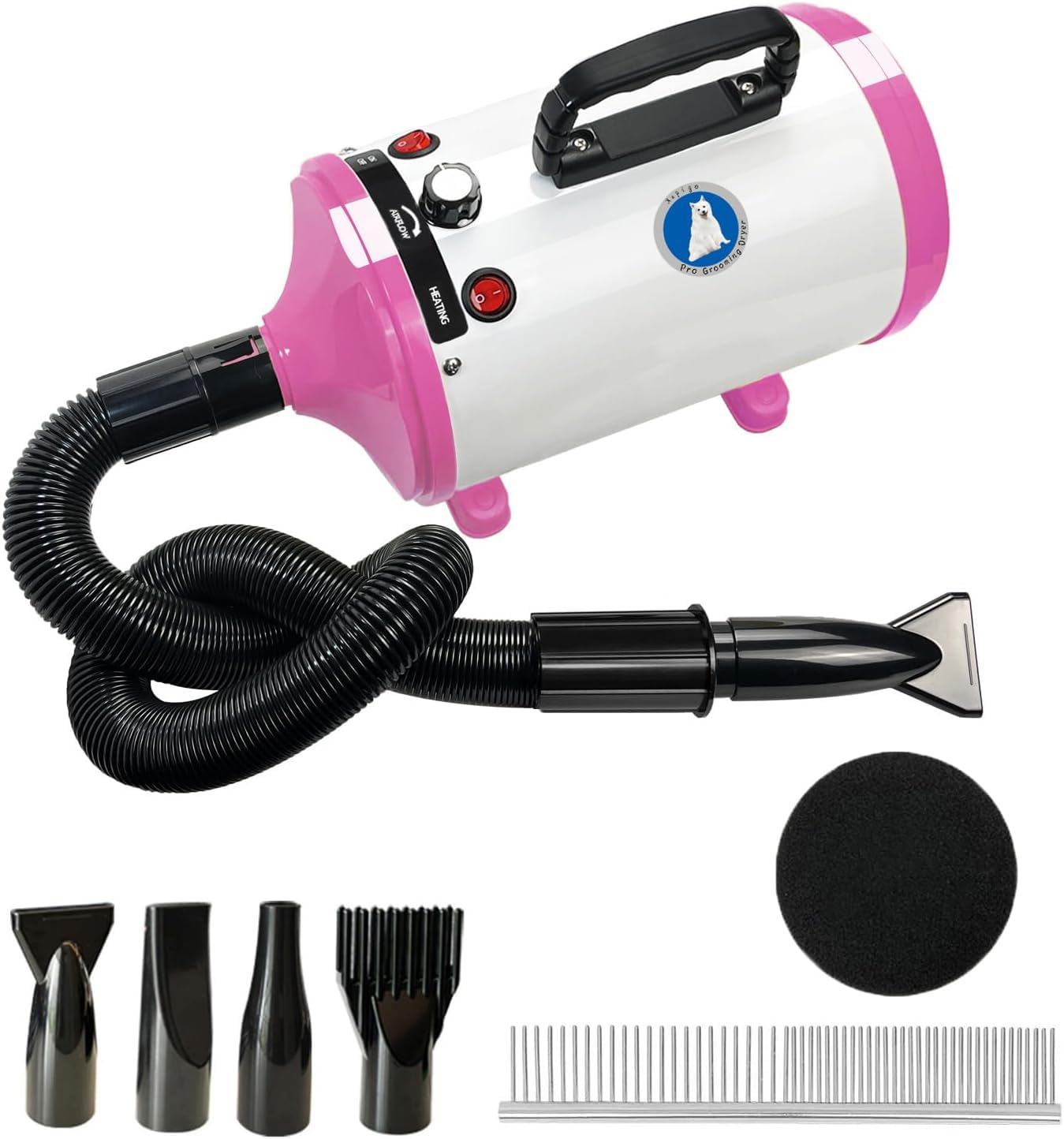 Xapigo High Velocity Dog Dryer - Adjustable Temperature & Speed, 4 Nozzles, White Pink, Model YC-001