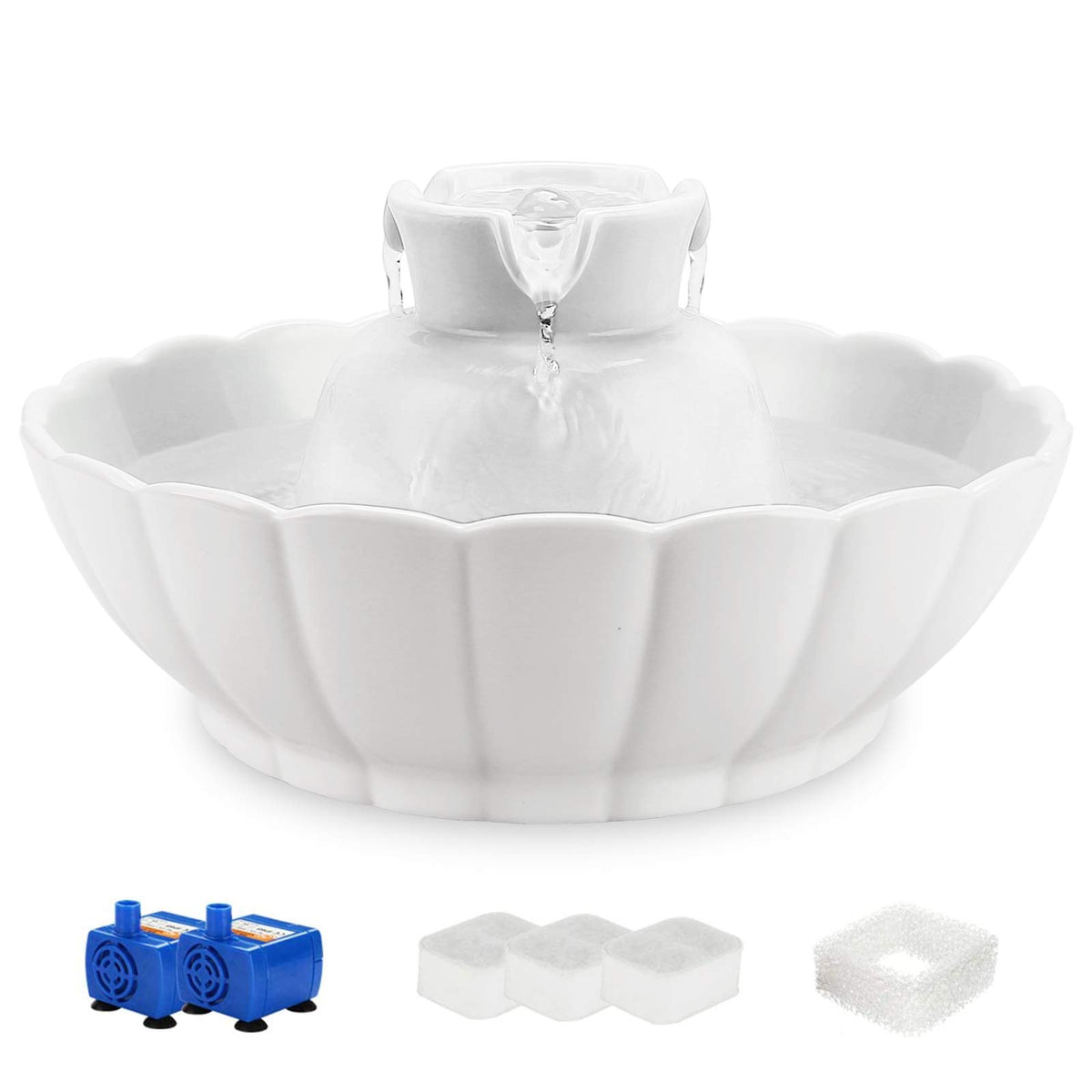 Ipettie Tritone Ceramic Cat Water Fountain, Heavy-Duty Waterer For Pets, 2.1 Liters / 2.2 Quart Filtered Water Purifier With Replacement Filters And Foam, White