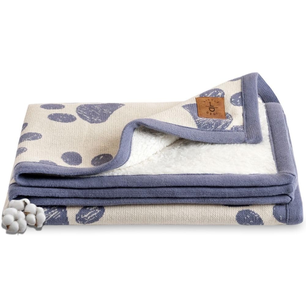 Little Dedi Small Pet Blanket - 100% Organic Cotton, Double Layer Plush Sherpa, Soft Plush, Blue Paw Jacquard Knit, 30''X38'', S