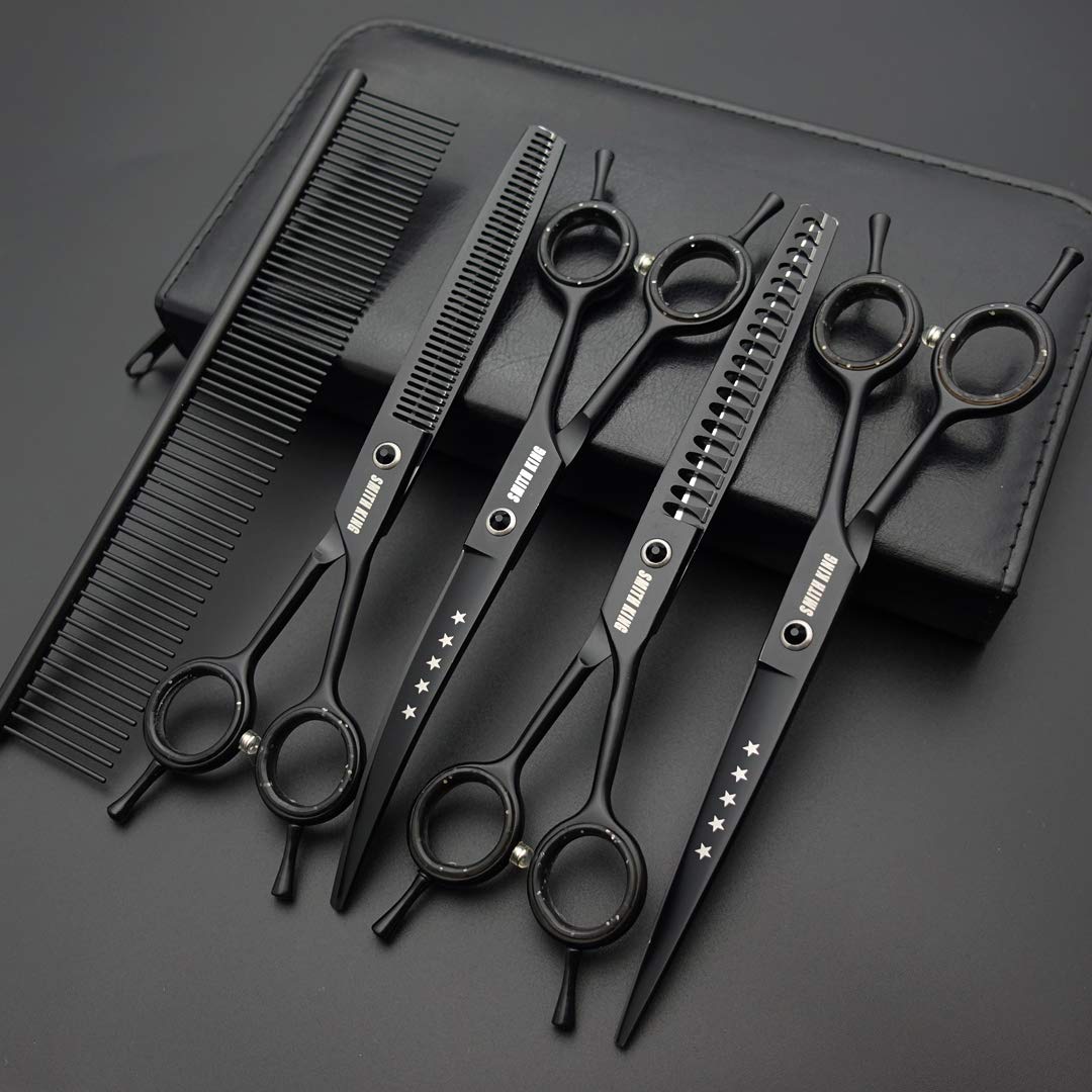 7.0 Inches Professional Dog Grooming Scissors Set Straight & Thinning & Curved & Chunkers & Comb 5Pcs In 1 Set For Left-Handed & Right Handed Black
