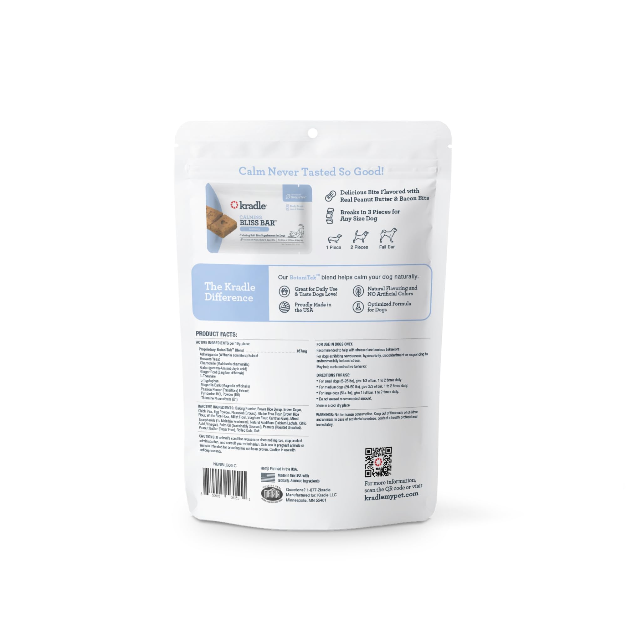 Kradle Bliss Bars - All-Natural Calming Peanut Butter Bars with GABA & L-Theanine for Happy, Relaxed Dogs - 6 Count