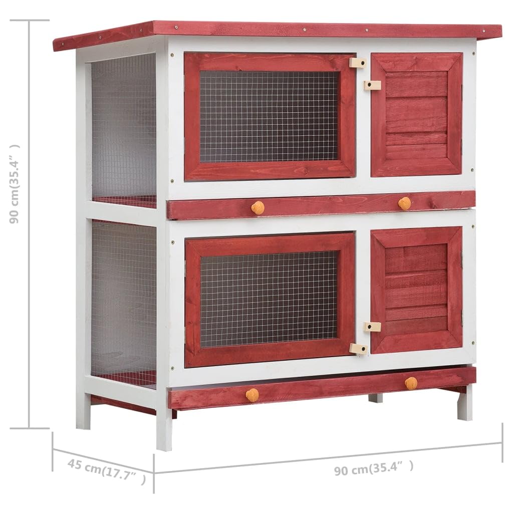 'vidaXL Outdoor Red Wooden Rabbit Hutch with 4 Doors, Iron Wire Mesh and Two Layers- Durable, Spacious, and Weather-Resistant Pet Shelter