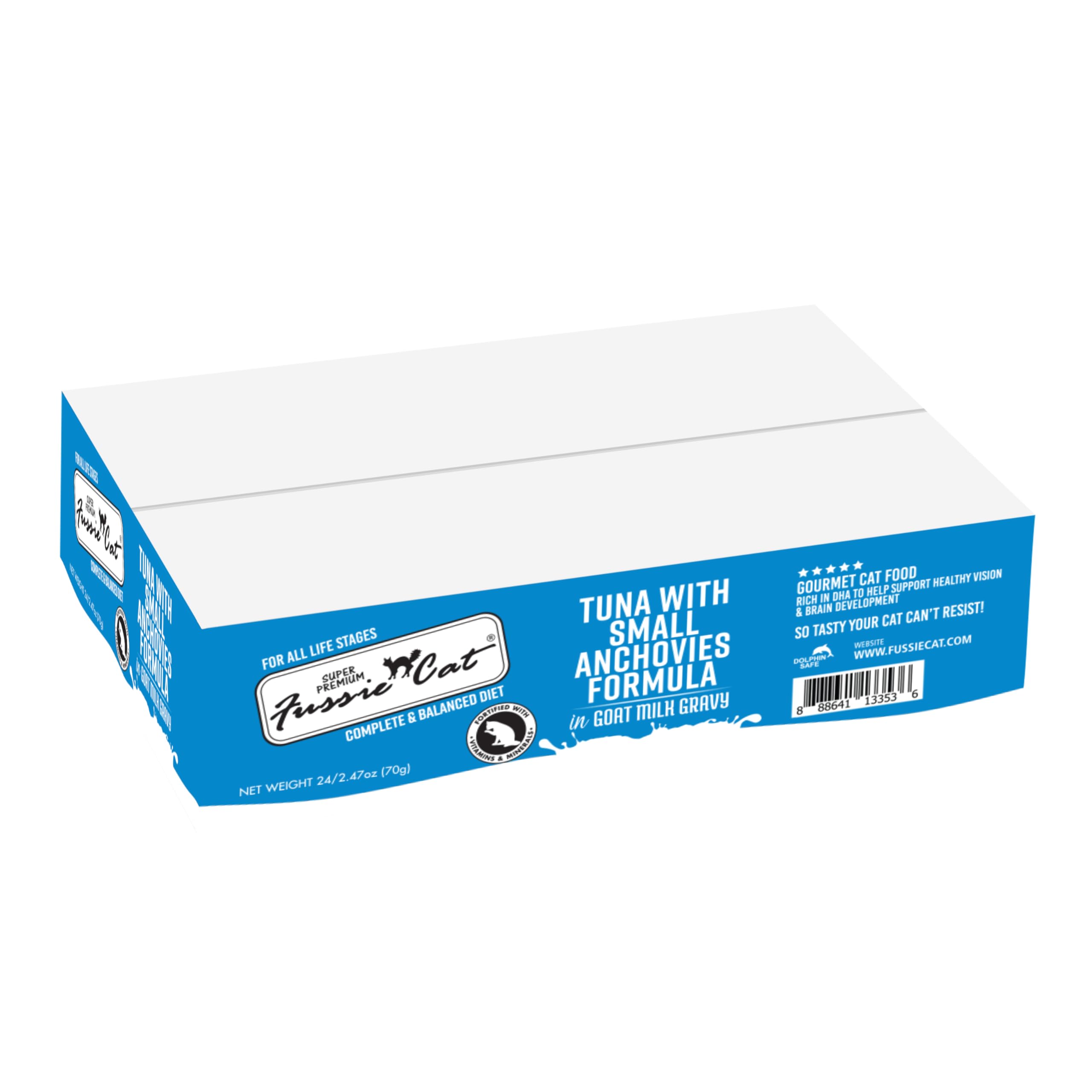 Fussie Cat Super Premium Canned Wet Cat Food in Goat Milk Gravy, 2.47 oz Cans, Case of 24 (Tuna & Small Anchovies)