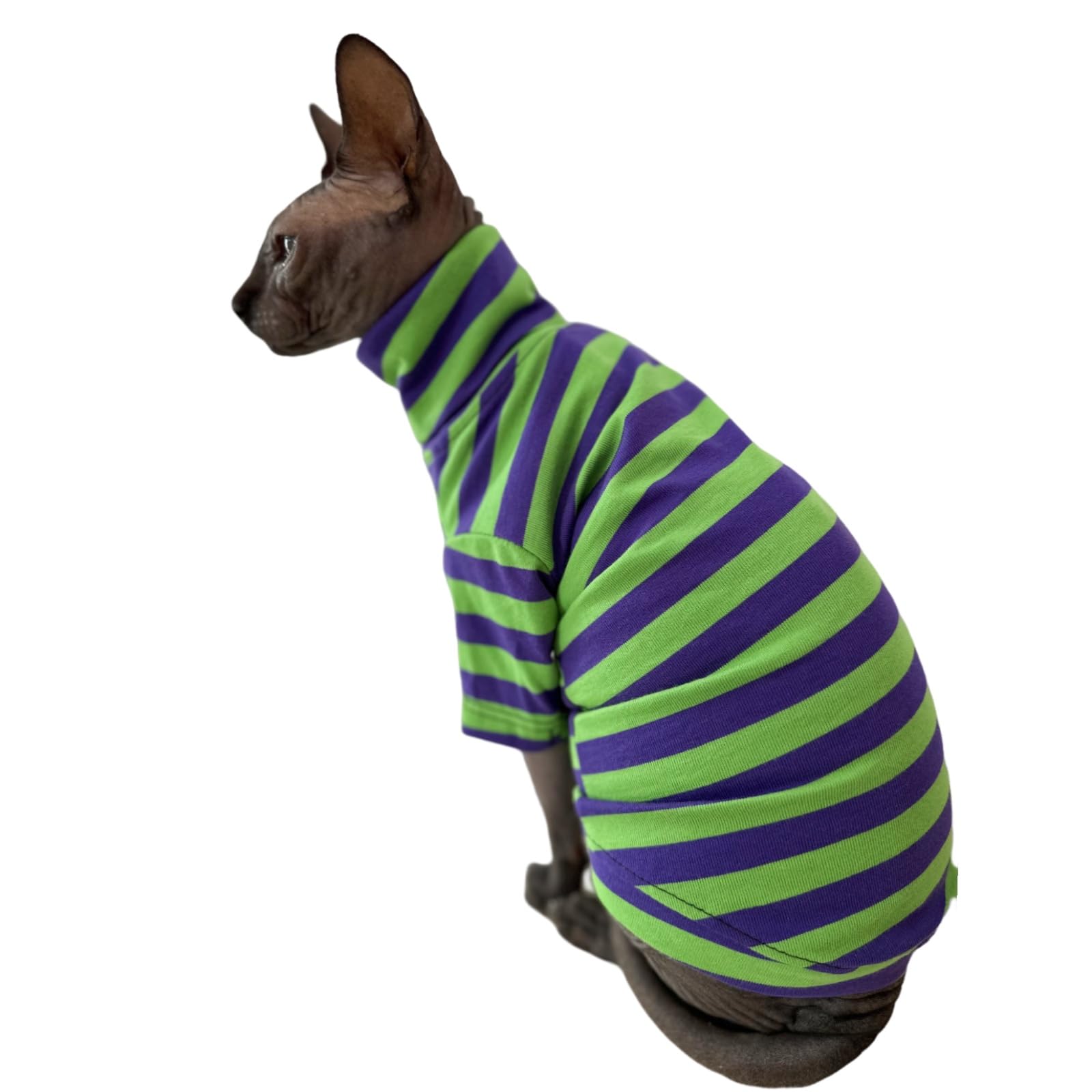 Vintage Stripes Sphynx Hairless Cats Shirt Cotton Cat Turtleneck Pet Clothes Kitten T-Shirts With Sleeves For Sphynx Cats (Eggpl