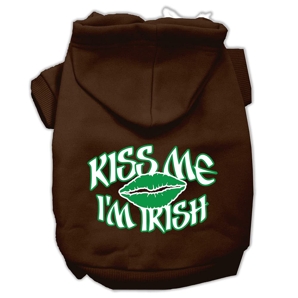 Pet Dog & Cat Hoodie Screen Printed, Kiss Me I'm Irish Brown SM (3-6 lbs.)