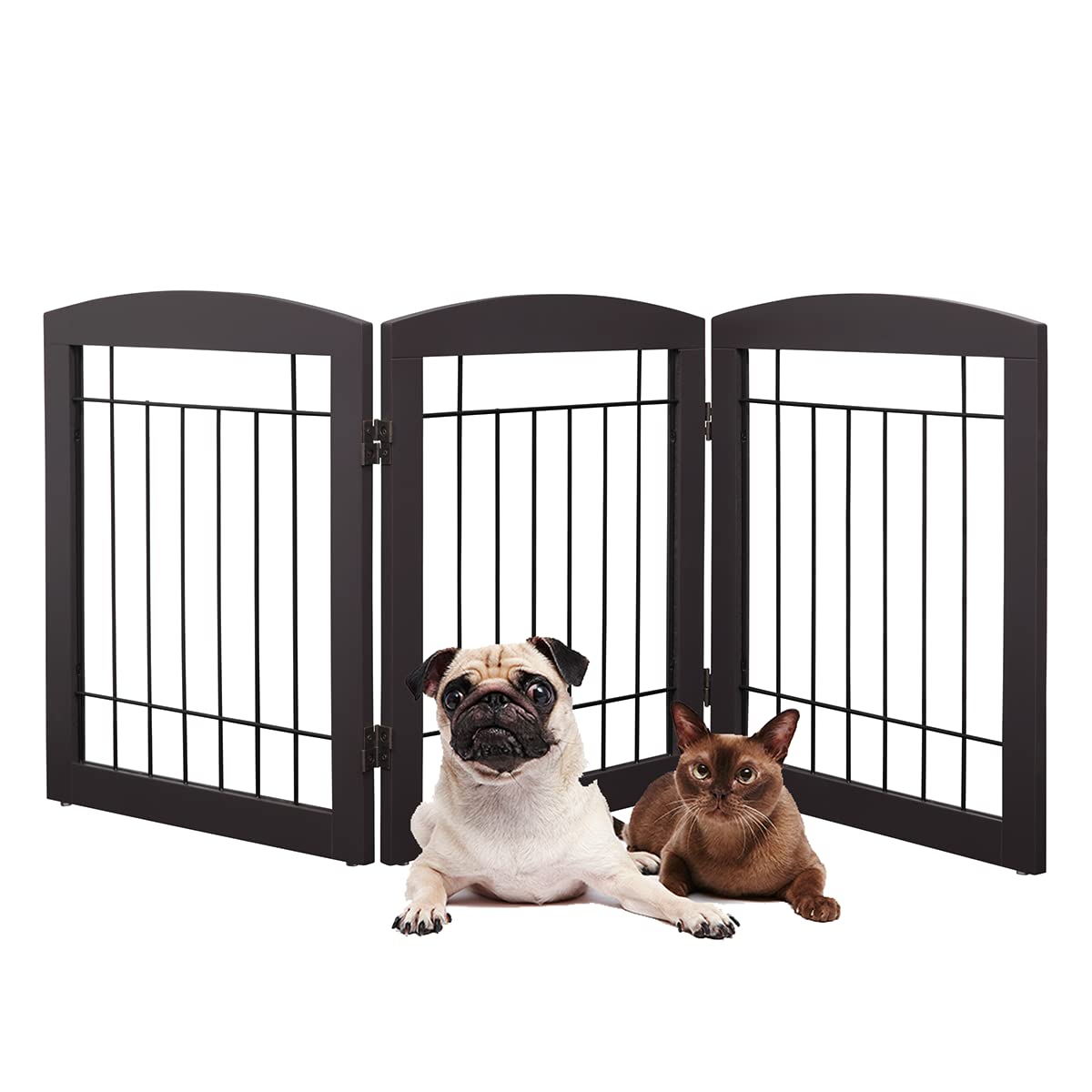 Pawland Wire Free Standing Pet Gate For Dogs, Foldable Dog Gate For The House Indoor, Step Over Pet Puppy Safety Fence, Doorway, Stairs, 80 Inch Wide, 24' Height 3 Panels, Espresso