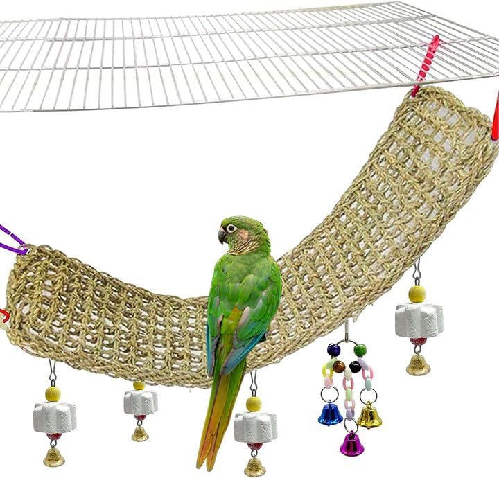 Bird Seagrass Mat,Natural Seagrass Woven Net Bird Foraging Chew Wall Toys Parakeet Hammock Mat With Hooks For Lovebird Cockatiel Conure Budgie,Size 28.3' X 6.7' And 11.81' X 11.81'(2 Pcs)