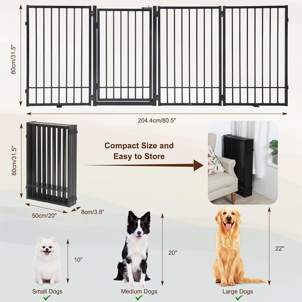 Hidog Metal Freestanding Dog Gate With Door, Extra Wide 81', 31' Height Foldable Dog Gates For Doorways, Tall Pet Fence Indoor