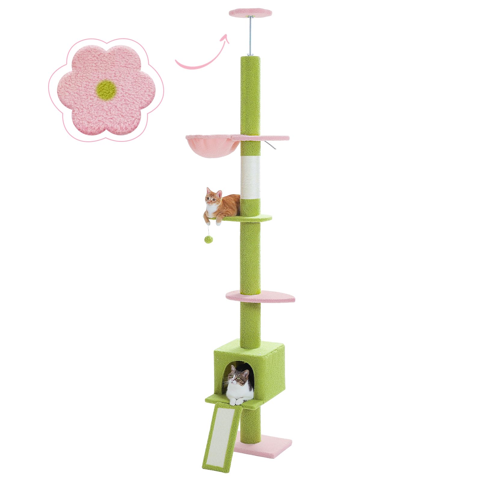 Pequlti Cat Tree Floor To Ceiling, Green Cat Tower, Adjustable Height (83''-108'') 5 Tiers Tall Climbing Tree For Indoor Cats Wi