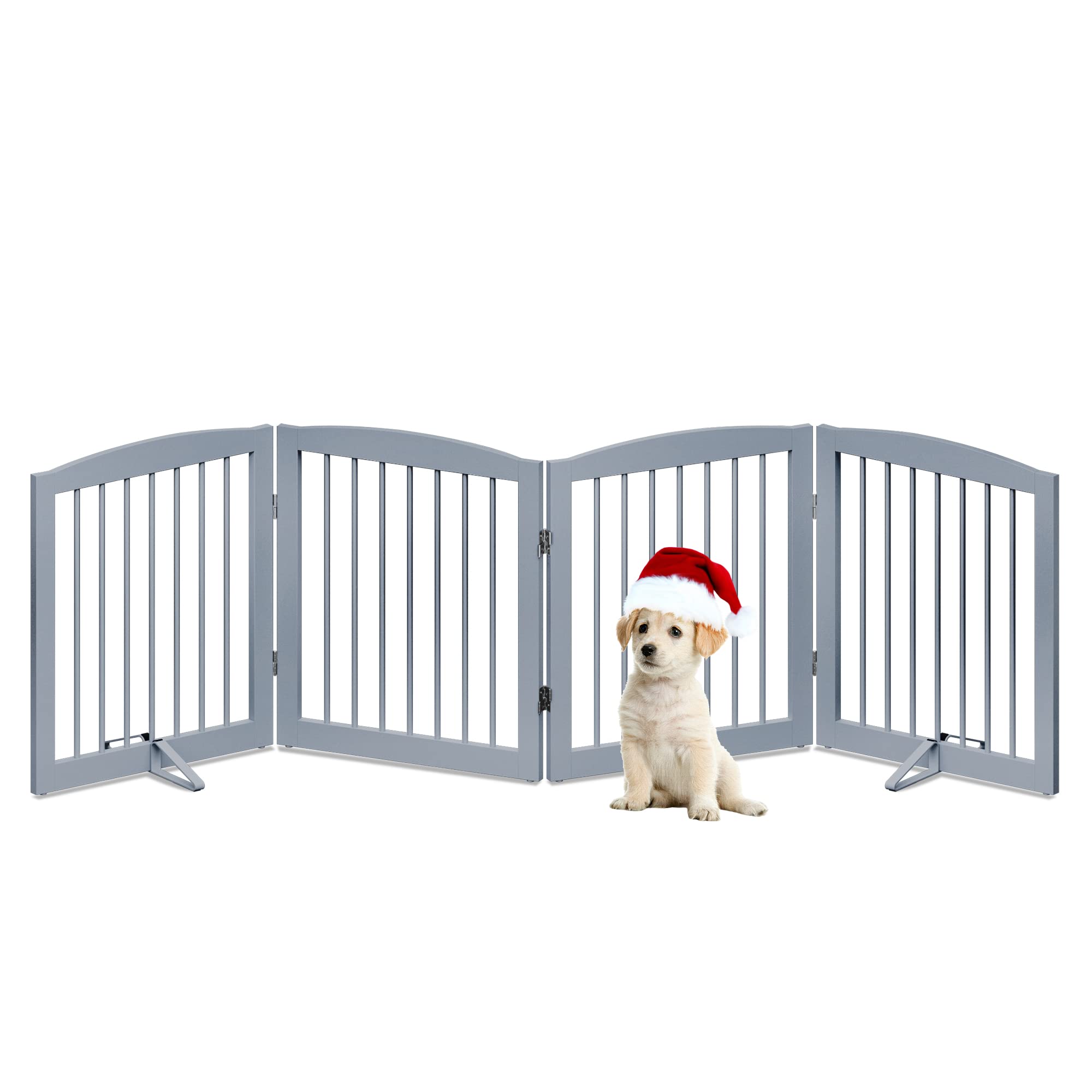 PUPETPO Freestanding Pet Gate - Foldable Wooden Dog Gate for House, Indoor, 80 Inch Wide, 4 Panels 24, Grey