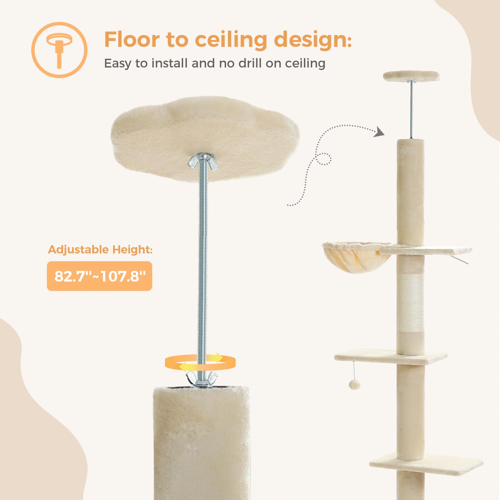 Pequlti Cat Tree Floor To Ceiling, Tall Cat Tower, Adjustable Height (83'-108') 5 Tiers Climbing Tree For Indoor Cats With Cat