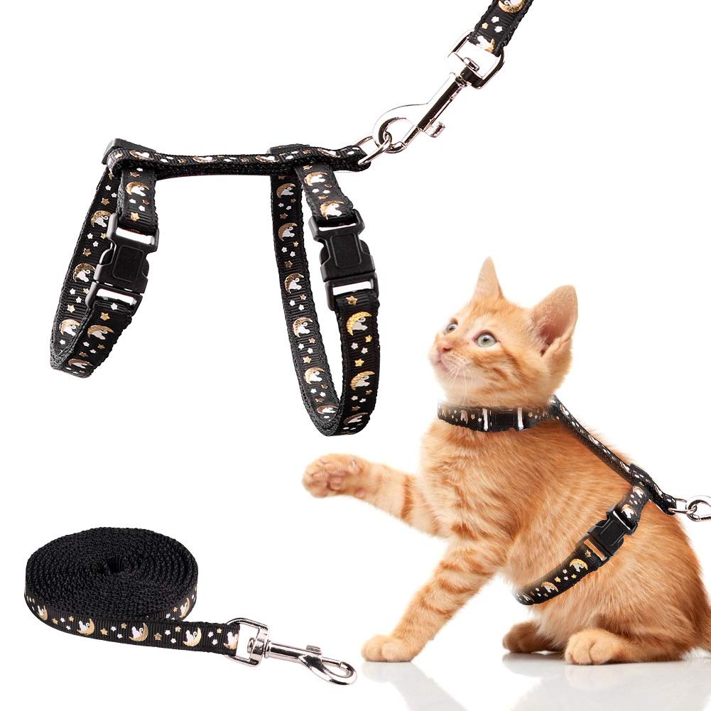 Cat Harness And Leash Set Gold Moons Stars Soft Nylon Escape Proof Adjustable For Kittens Small Animals Glow In The Dark (Black)
