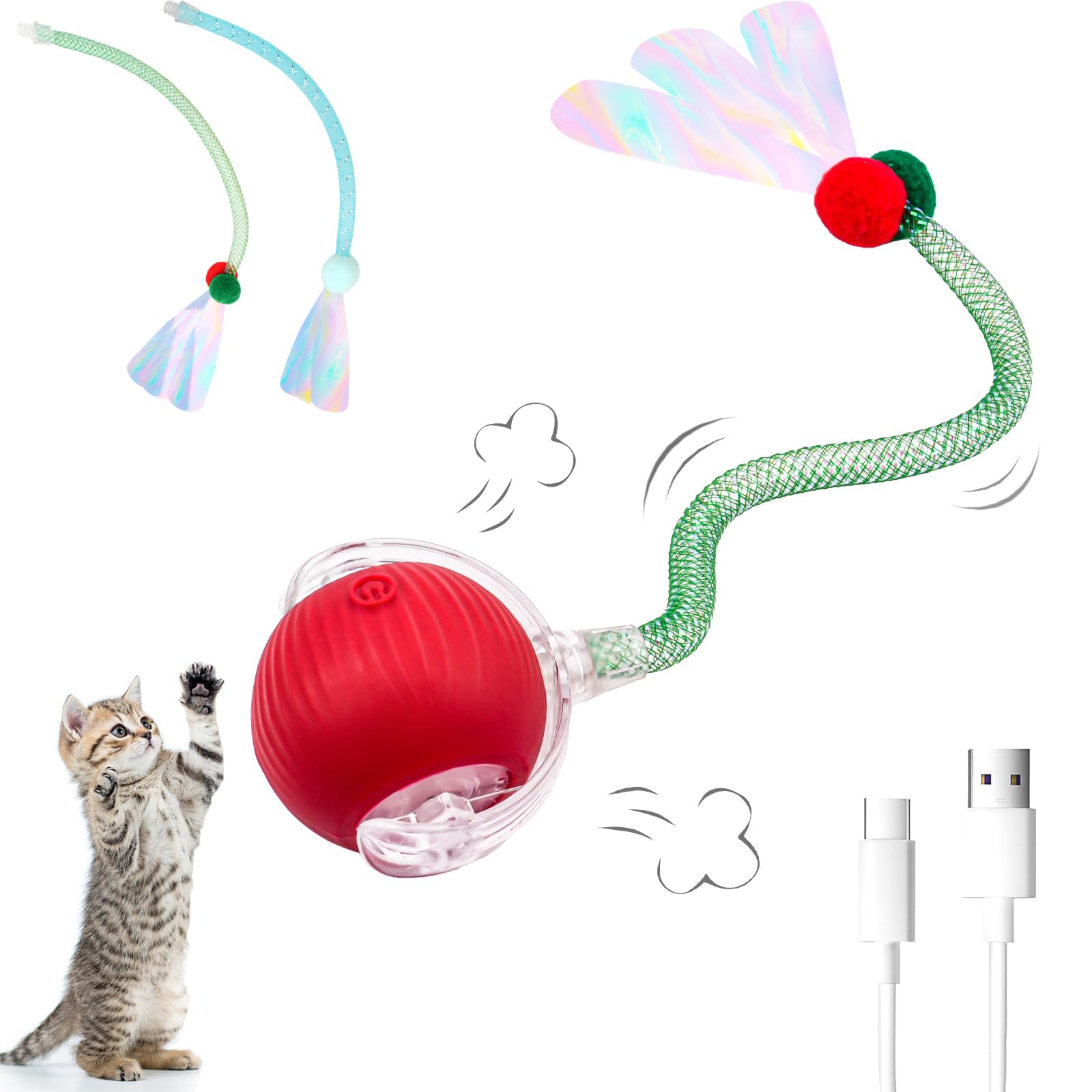 Interactive Cat Toys for Indoor Cats, Speedy Tail 2.0 Cat Toy, Smart Moving Ball Toys for Kitten Adult Cats with 2 Pcs Elastic M