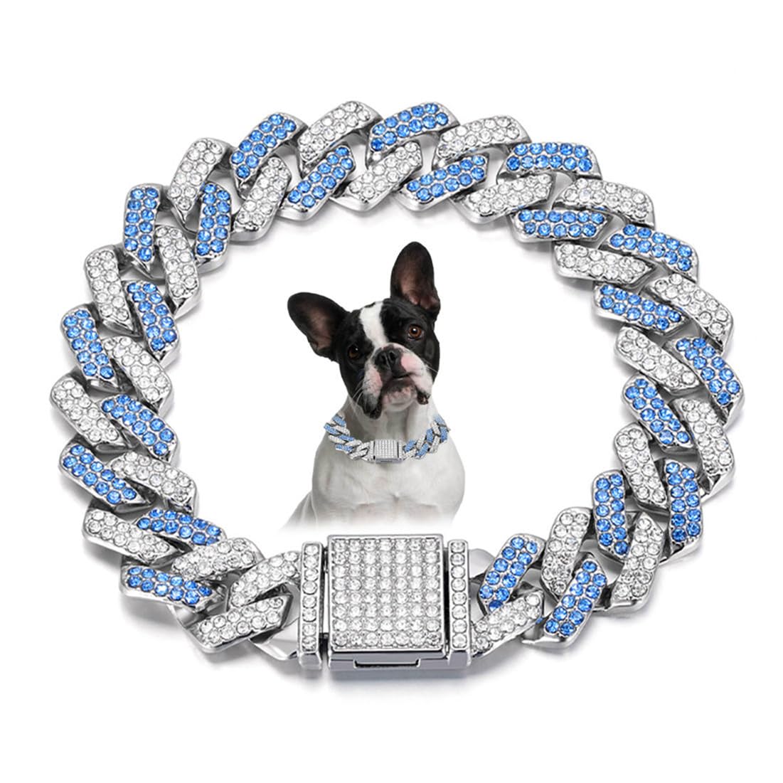 Chain Collar For Small Dogs, Diamond Metal Cuban Link Dog Collar,15Mm Wide Bling Sparkly Puppy Necklace For Small Medium Large P