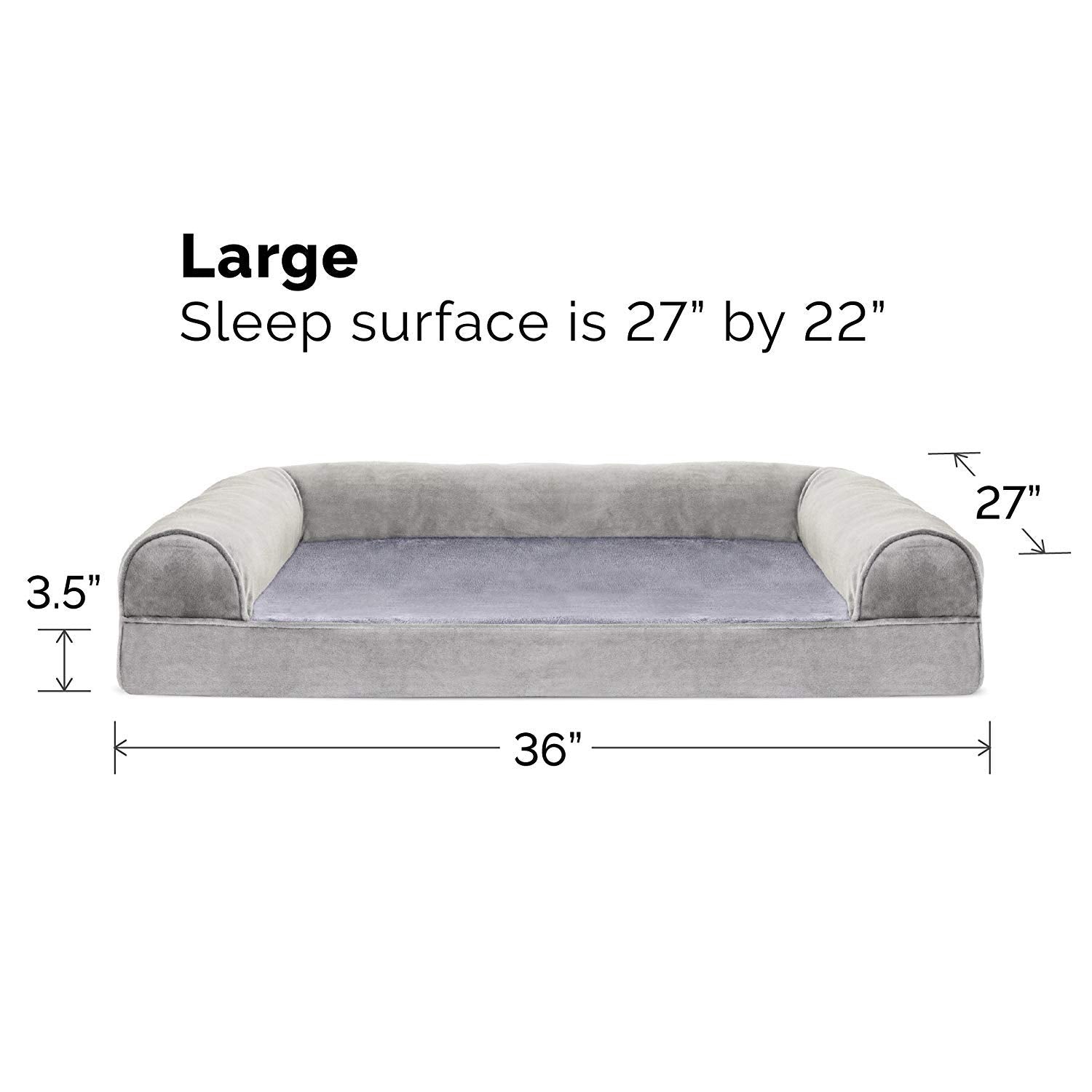 Furhaven Orthopedic Dog Bed For Large/Medium Dogs W/ Removable Bolsters & Washable Cover, For Dogs Up To 55 Lbs - Faux Fur & Velvet Sofa - Smoke Gray, Large