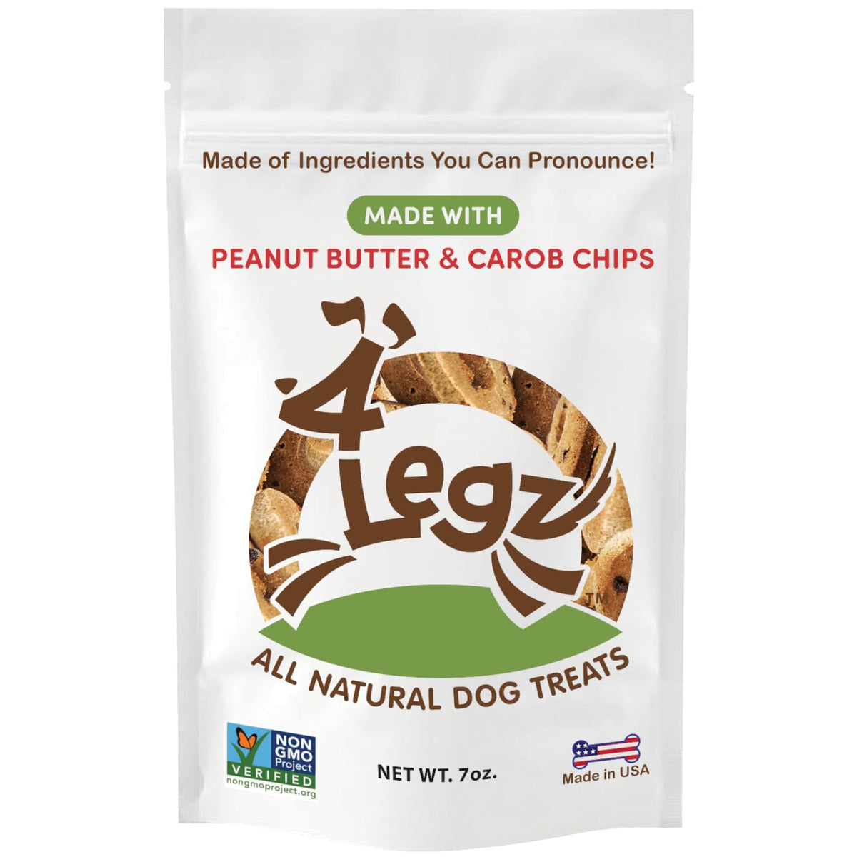 4Legz Peanut Butter & Carob Chips Natural Dog Treats From Healthy, Vegan Crunchy Snack Biscuits For Dogs Large & Small - Made In Usa (7 Ounce, Pack Of 1)