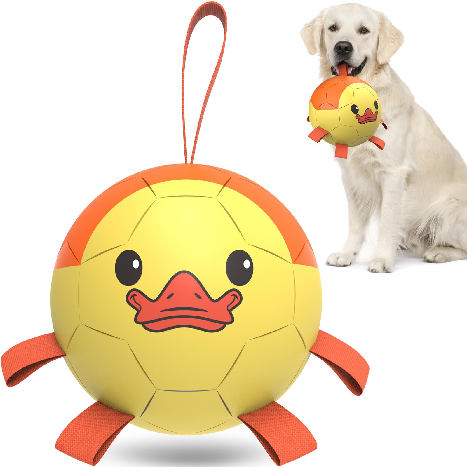 Qdan Soccer Ball With Straps, Interactive Dog Toys For Tug Of War, Puppy Birthday Gifts, Medium & Large Dog - Duck (8 Inch)