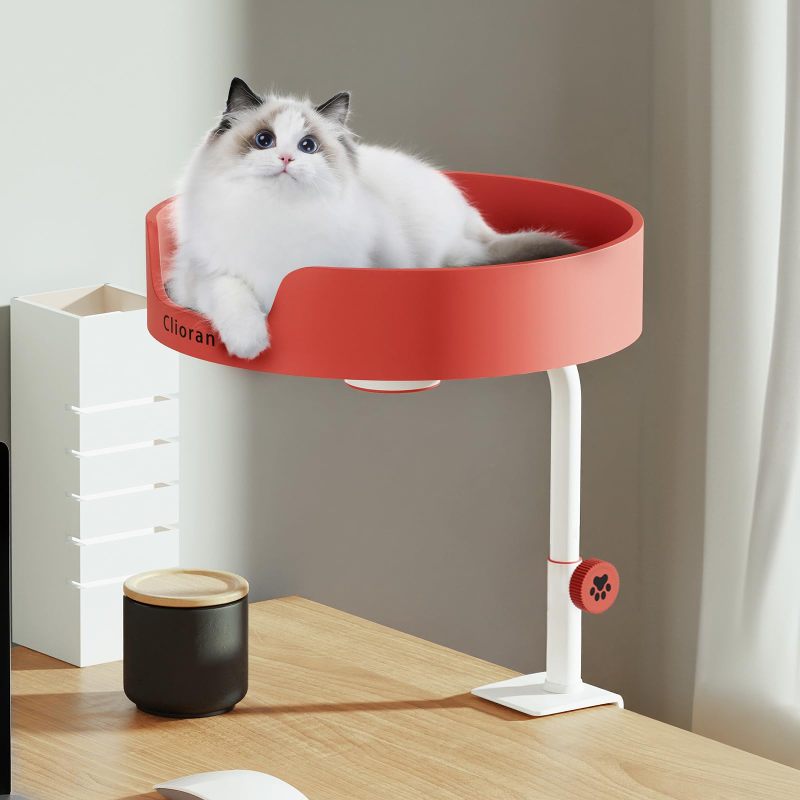 Clioran Cat Desk Bed Large Perch Nest With Teaser Easy Install,Space Saving Mount Design,Sturdy Frame,Removable Cushion,Clamp De