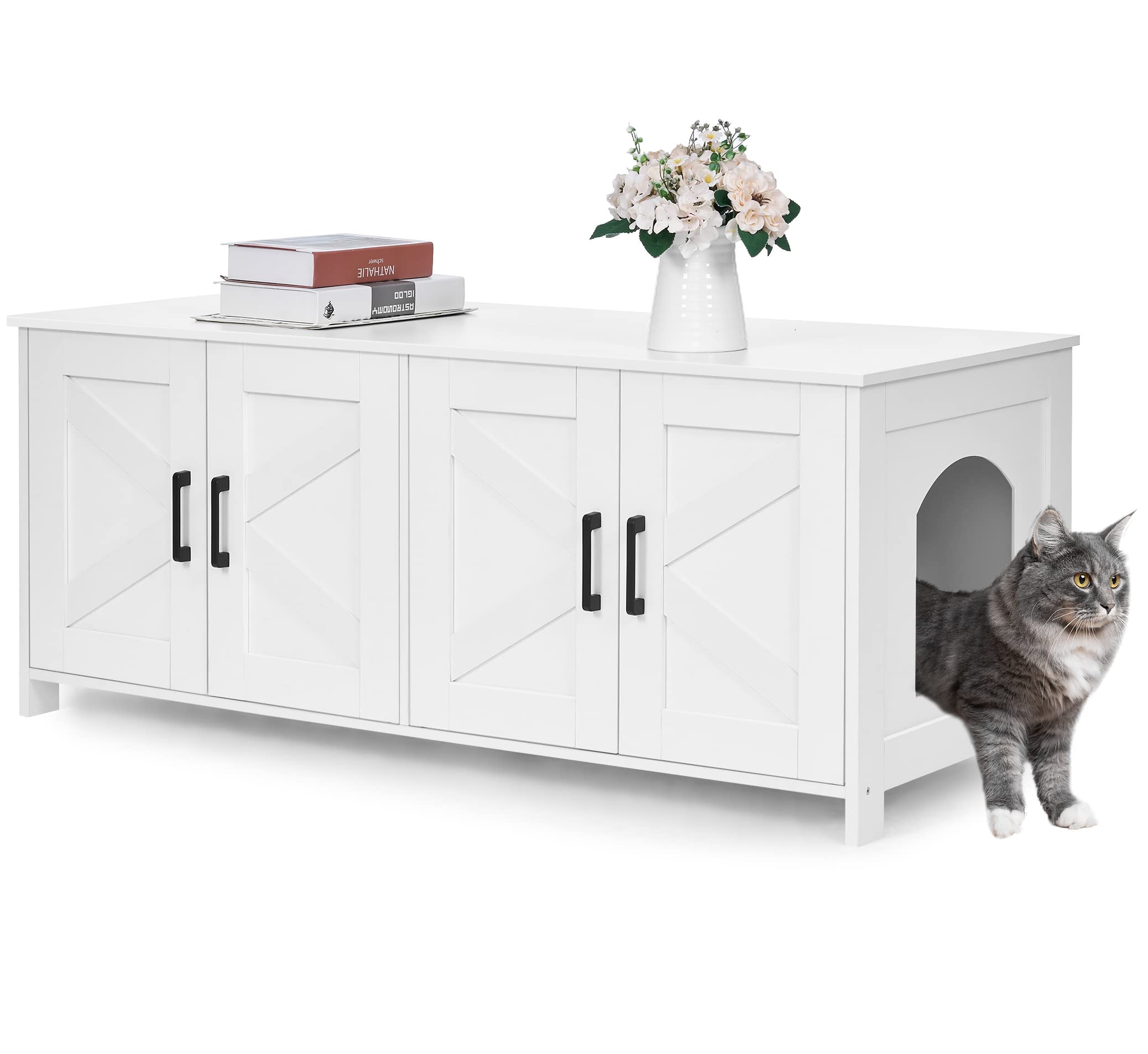 Homhedy Cat Litter Box Enclosure For 2 Cats, Litter Box Furniture Hidden With Double Room,Wooden Cat Washroom Furniture,Cat Hous