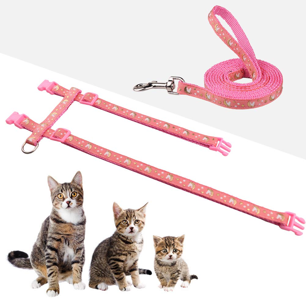 Cat Harness And Leash Set Gold Moons Stars Soft Nylon Escape Proof Adjustable For Kittens Small Animals Glow In The Dark (Pink)