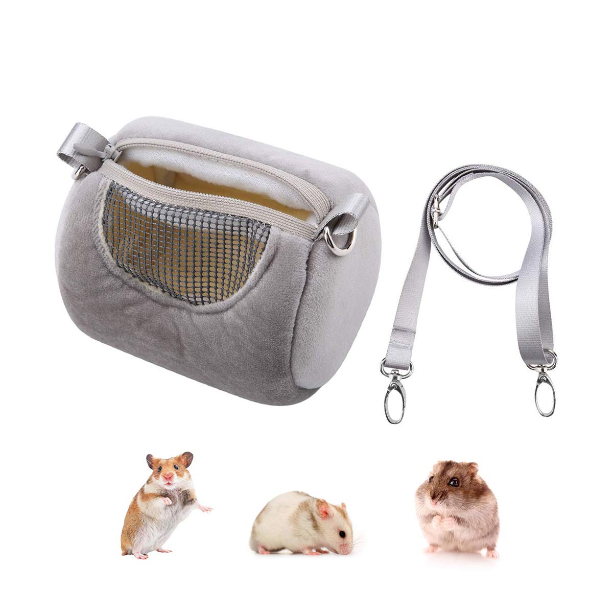 Dwarf Hamster Carrier Bag Portable Cylinder Warm Outdoor Bag With Adjustable Single Shoulder Strap (Grey)