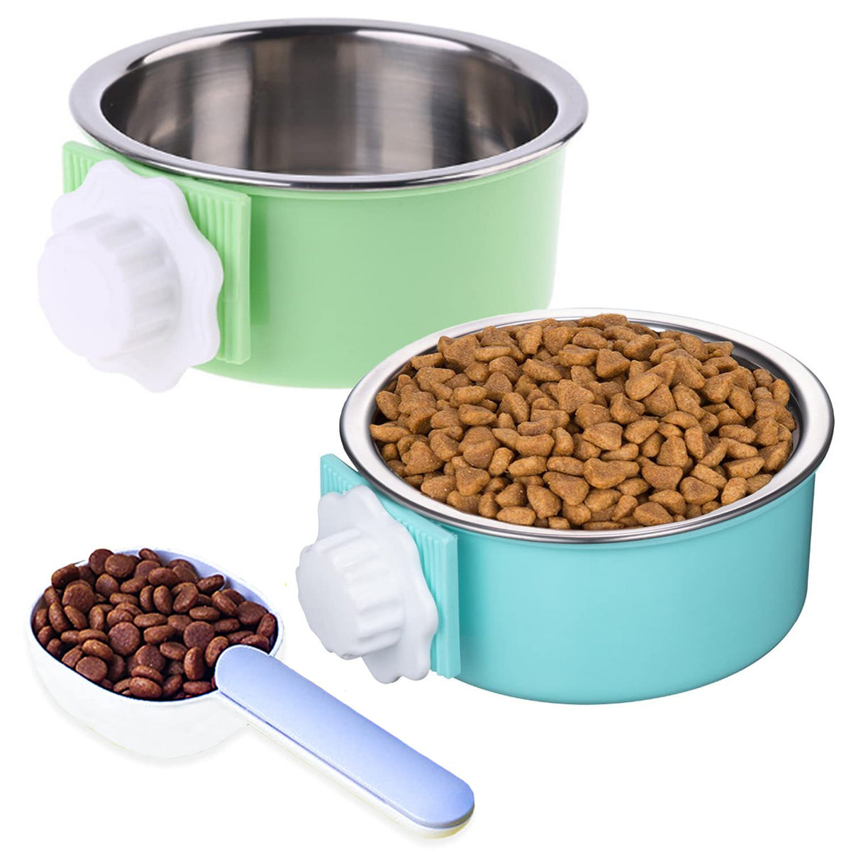 Mechpia 2 Pieces Crate Dog Bowl, Removable Stainless Steel Pet Kennel Hanging Food Water Feeder Bowl Cage Coop Cup With Spoon For Puppy Medium Dog Cat Rabbit Ferret Bird