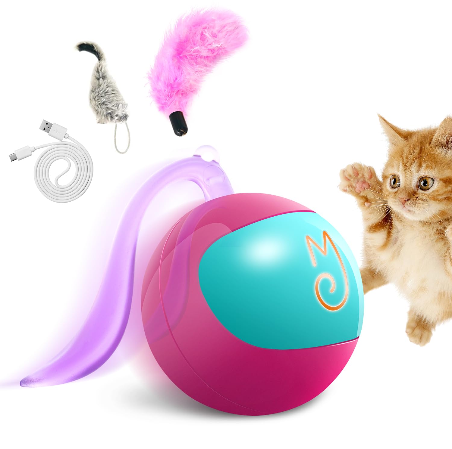 Migipaws Interactive Cat Ball Toy Set, Fun Tracker, Automatic Rolling Chase Ball With Fluffy Tail, A Small Mice, Rechargeable (R