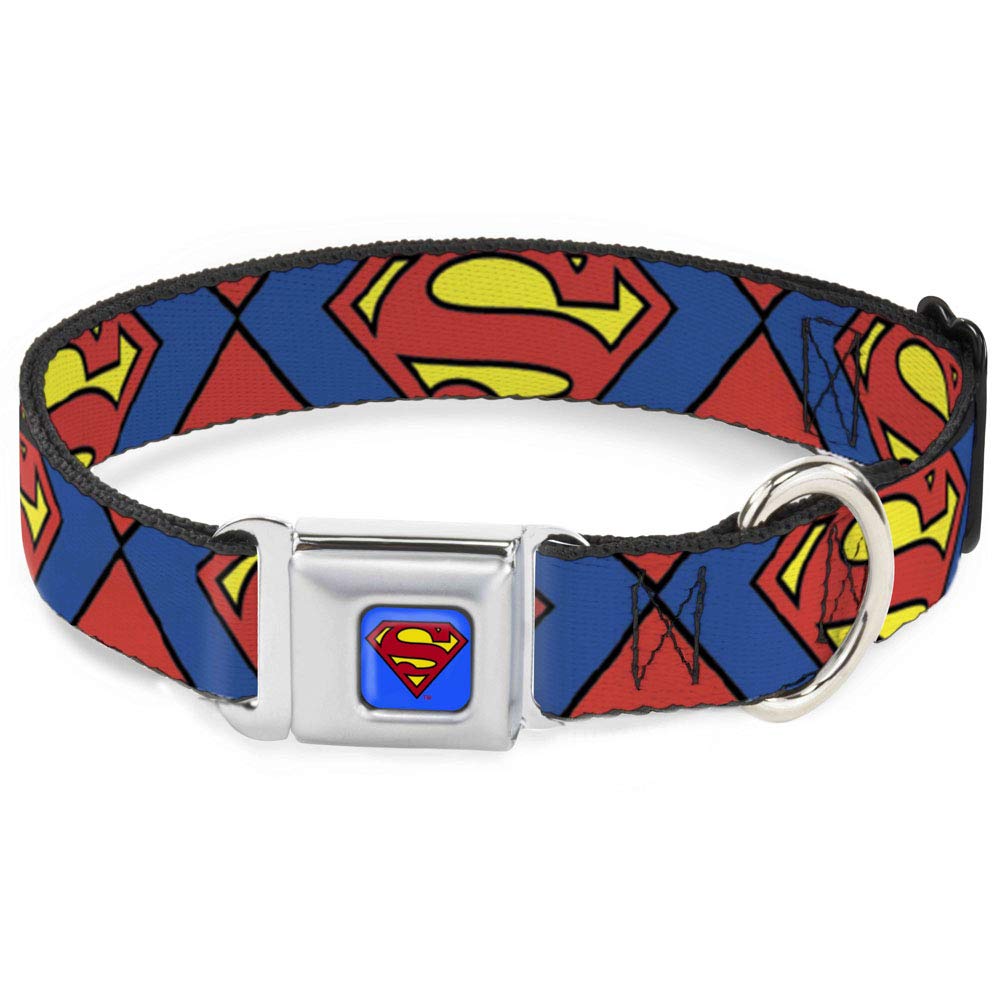 Buckle-Down Dog Collar Seatbelt Buckle Superman Shield Close Up Blue Red Yellow 18 To 32 Inches 1.5 Inch Wide, Multicolor (Dc-Ws