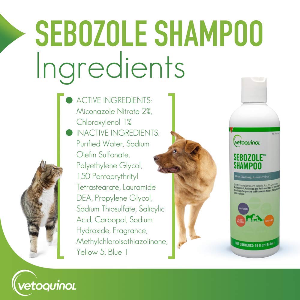 Vetoquinol Sebozole Pet Shampoo With Miconazole Nitrate 2% And Chloroxylenol 1%, 16Oz