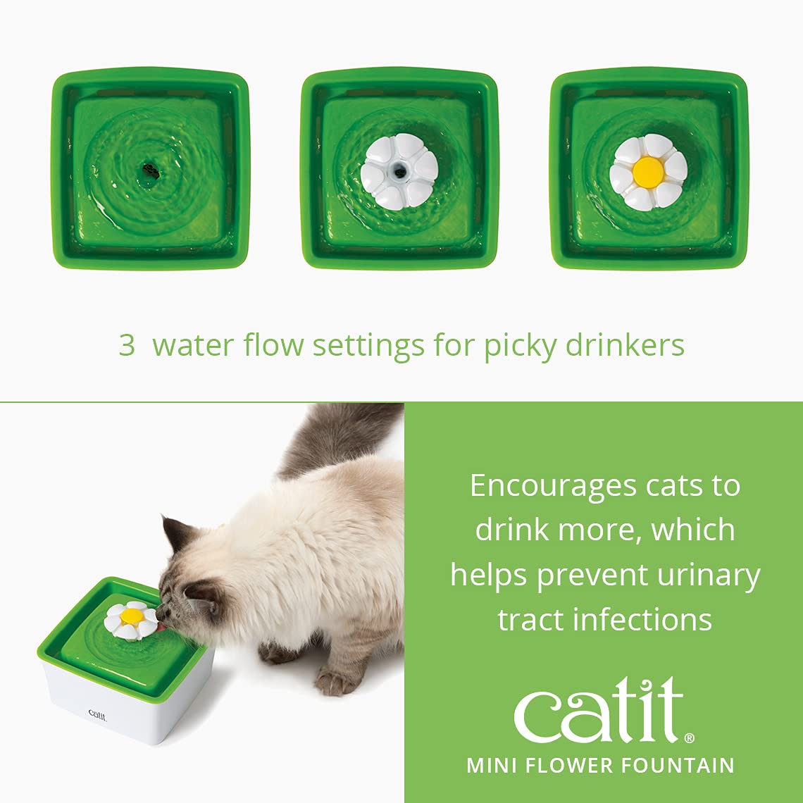 Catit 2.0 Mini Flower Drinking Fountain – Cat Water Fountain With Triple Filter And Ergonomic Drinking Options,Green