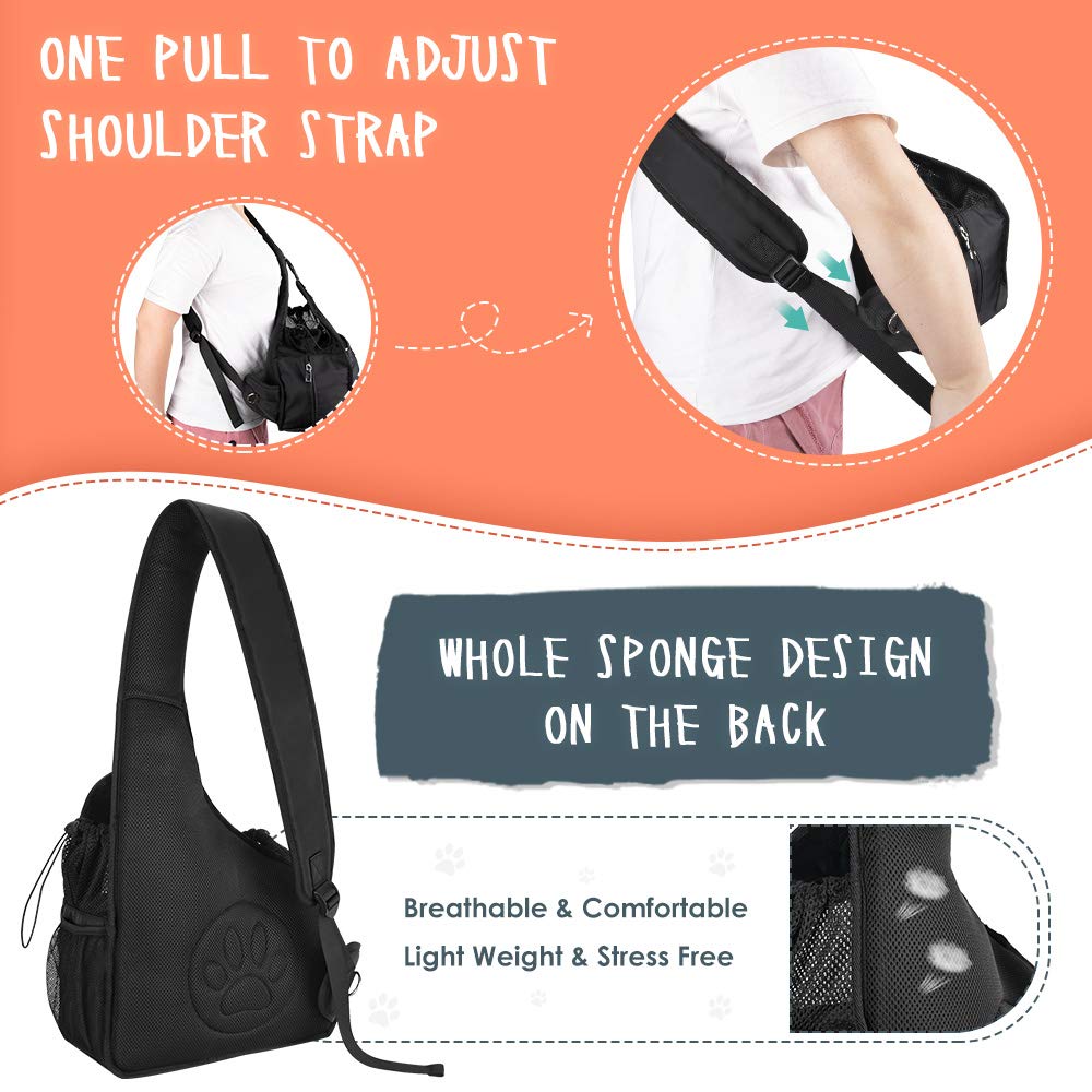 Slowton Pet Dog Sling Carrier, Hands Free Hard Bottom Papoose Small Animal Puppy Up To 6 Lbs Travel Bag Tote Breathable Mesh Support Adjustable Padded Strap Pocket Safety Belt Machine Washable