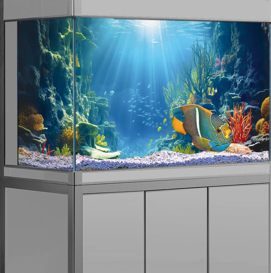Dtekoj 48X20IN Blue Sea Floor Aquarium Background, Natural Underwater World 3D Effect Fish Tank Decorations Background, Art Terr