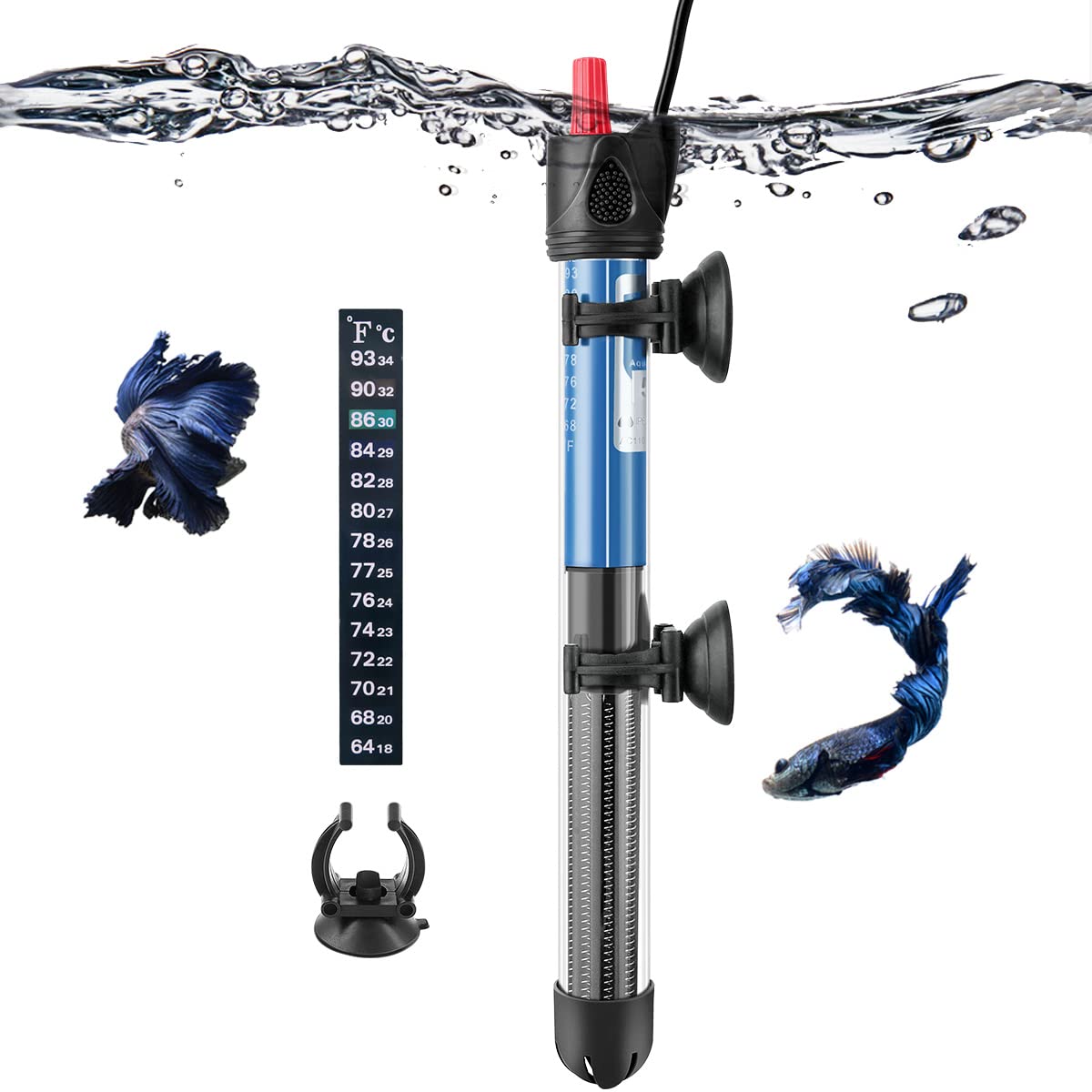 Hitop 50W/100W/300W Adjustable Aquarium Heater, Submersible Glass Water Heater For 5 - 70 Gallon Fish Tank (100W)