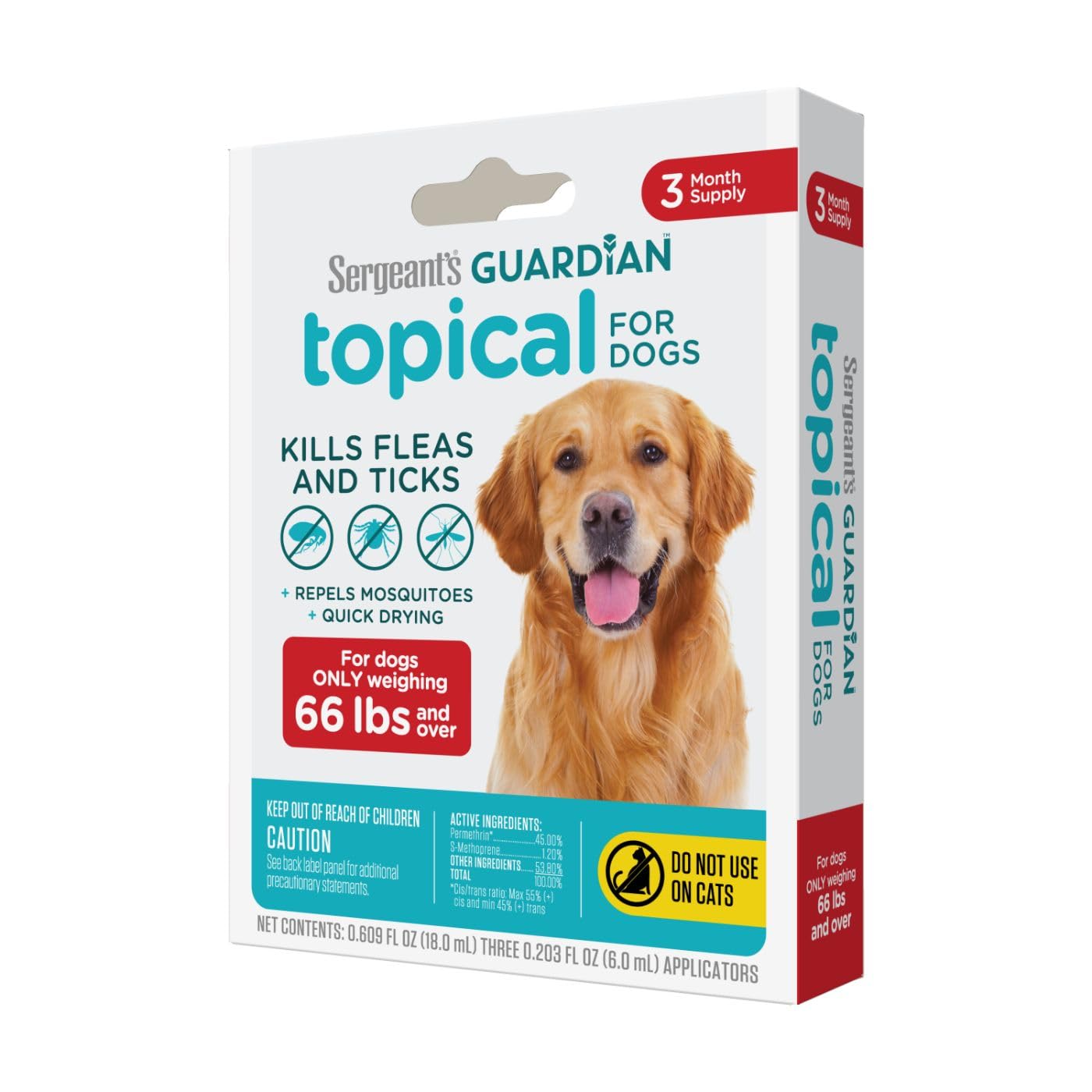 Sergeant s Guardian Flea & Tick Squeeze On Topical for Dogs, 66+ lbs., 3 Count