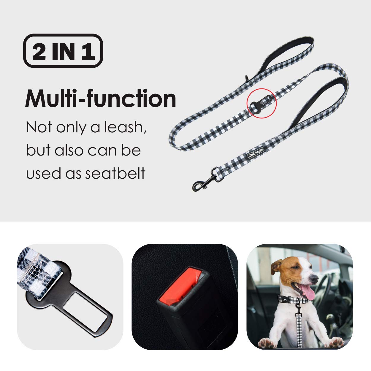 Poypet 5 Feet Dog Leash - 2 Cushioned Handles - Functional Car Seat Belt - Fashionable Pattern, Buffalo Plaid(Checkered Red, L)
